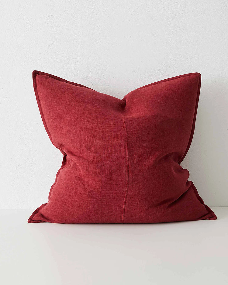 Como Rhubarb 60x60 cushion cover in vibrant red European linen with piping detail by Weave Home