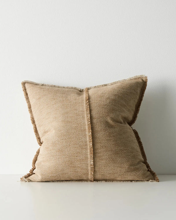 Adela Desert 50x50 cotton linen cushion with raw-edged fringe detail in sandy beige, front view by Weave Home