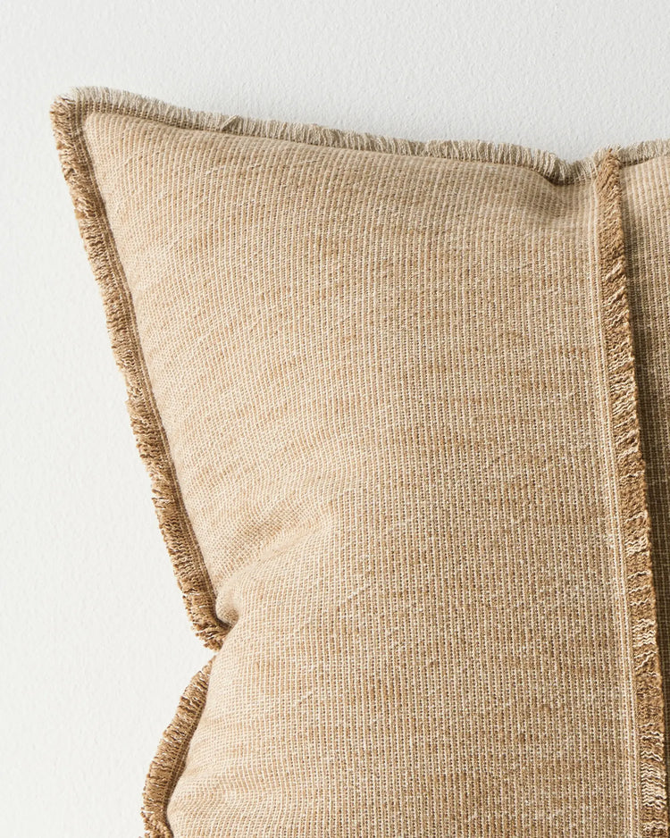 Adela Desert 50x50 cushion close-up, cotton linen blend with raw-edged fringe detail by Weave Home