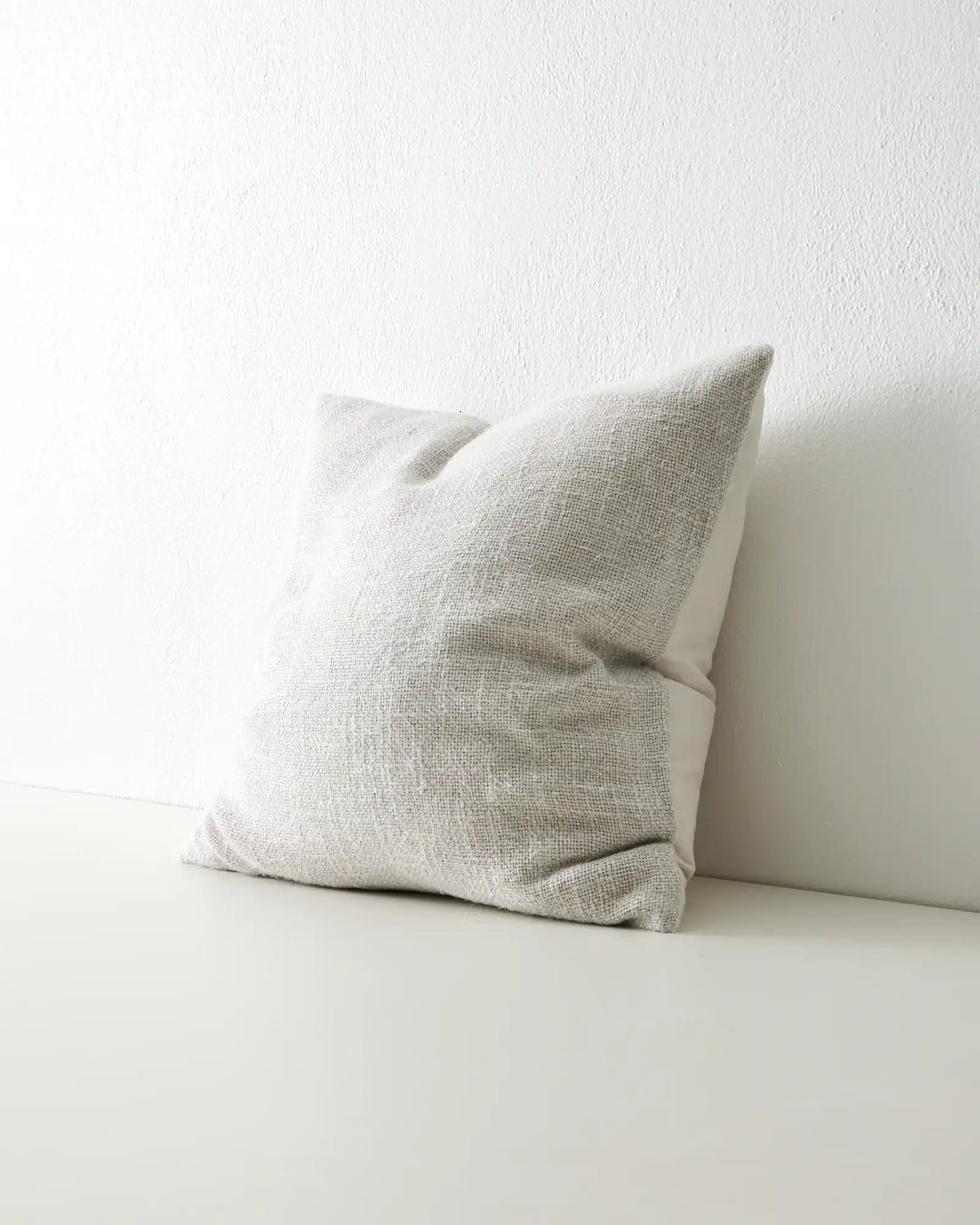 Domenica Glacier linen viscose cushion in pale grey, 50x50cm, chunky textured weave, side view by Weave Home