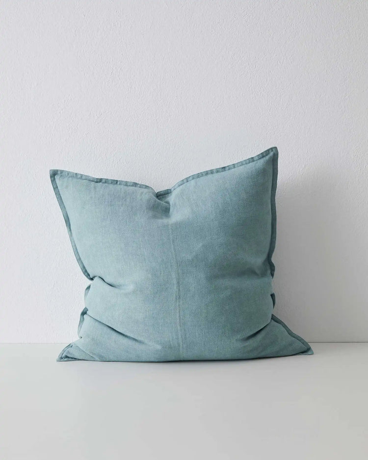 Como Mineral 60x60 cushion cover, light blue European linen with tailored borders, by Weave Home