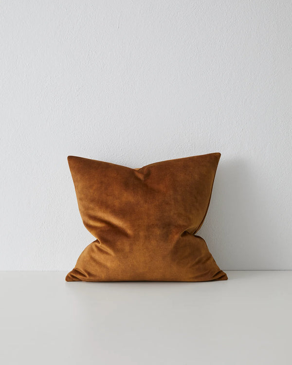 Ava Ochre 50x50 polyester cushion with soft velvet texture and burnt orange finish by Weave Home