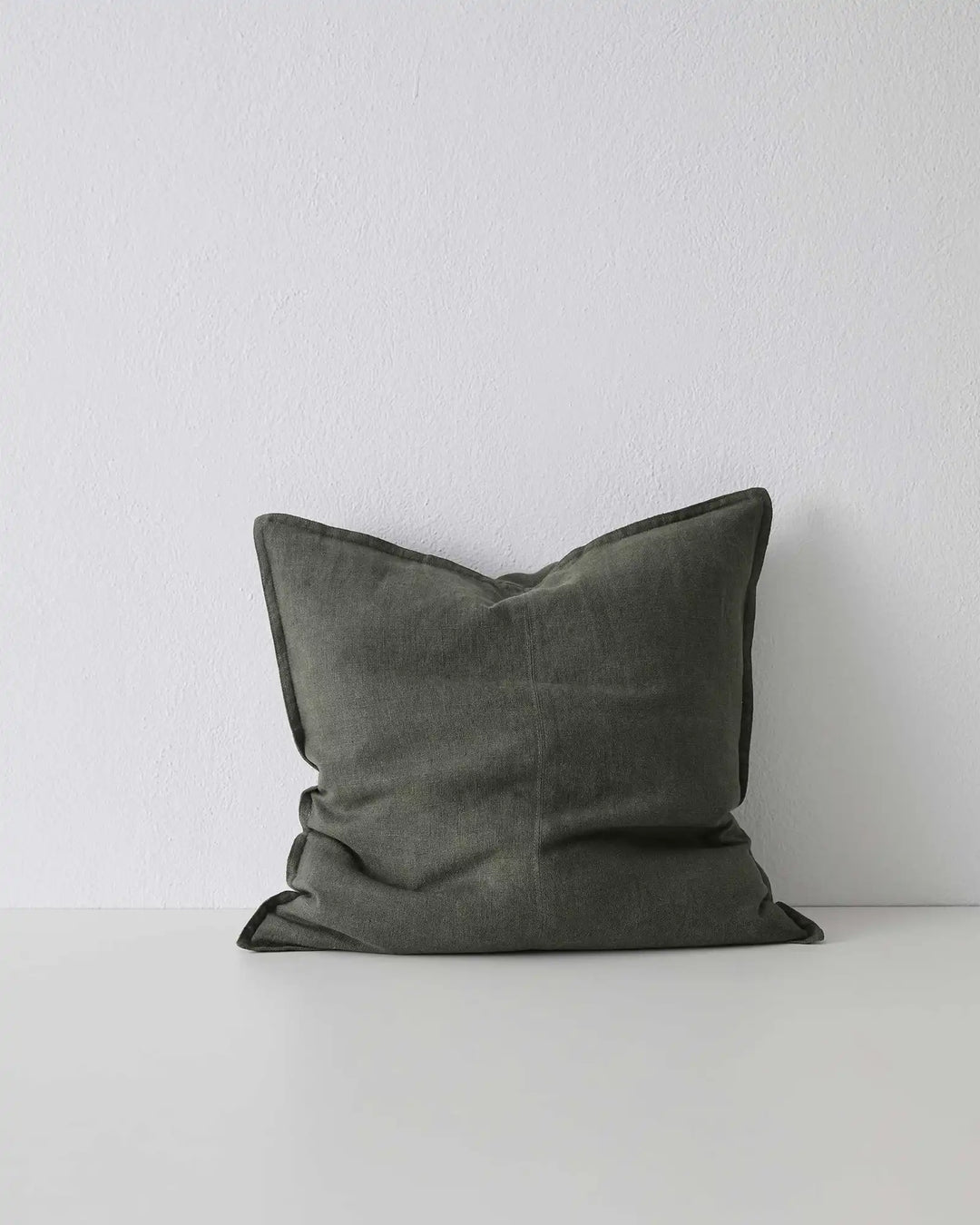 Como Khaki linen cushion 50x50cm front view, stonewashed European linen in deep muted green by Weave Home