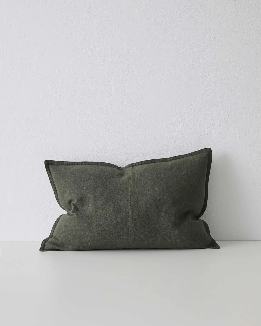 Como Khaki lumbar cushion 40x60cm, stonewashed European linen with contrast piping detail, by Weave Home