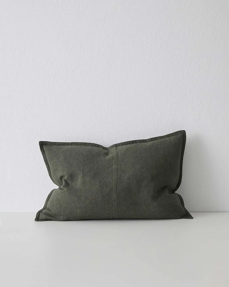 Como Khaki lumbar cushion 40x60cm, stonewashed European linen with contrast piping detail, by Weave Home