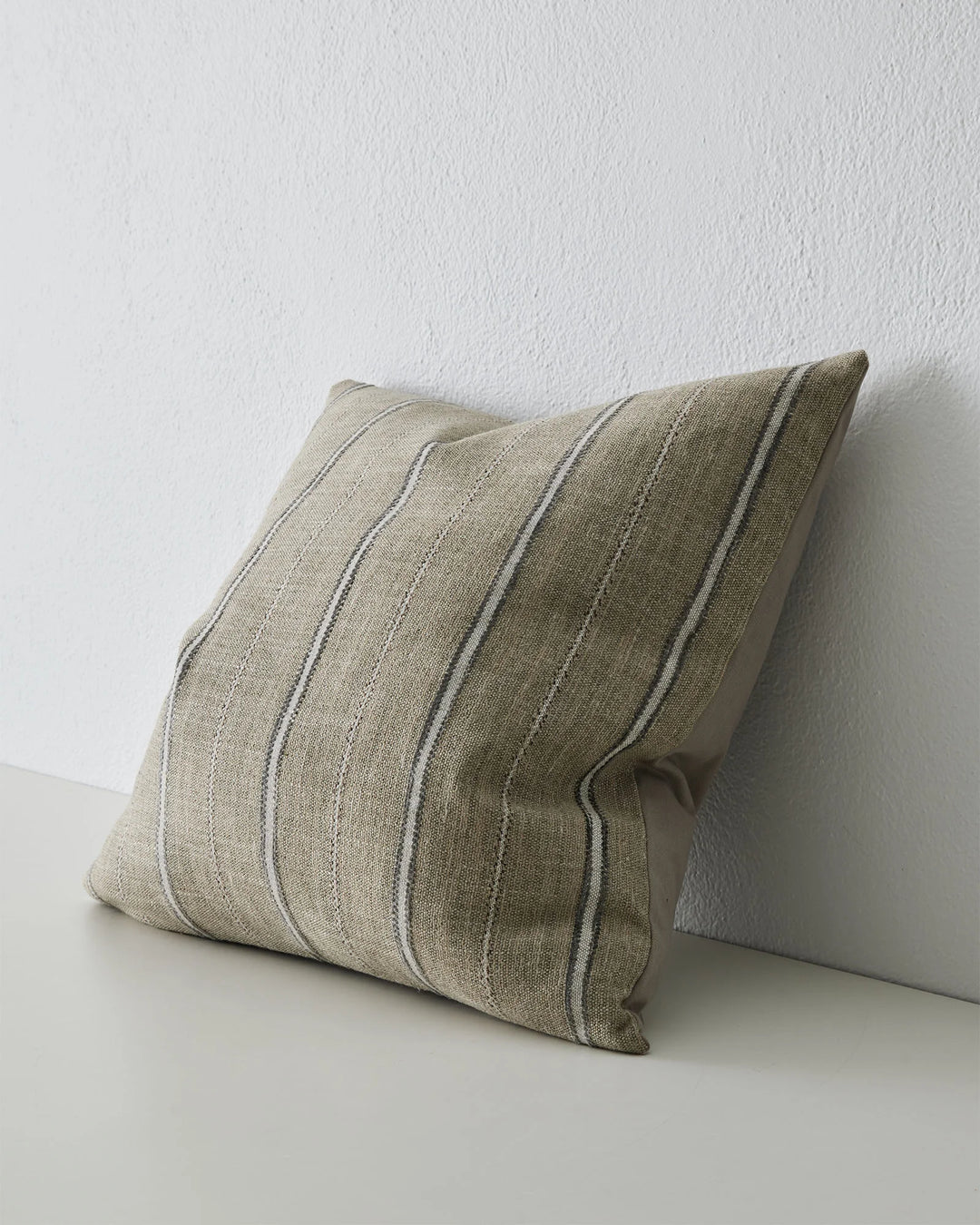 Isola Fog woven cushion, 50x50cm, neutral cotton blend with vertical striped detail and knife edge seam by Weave Home