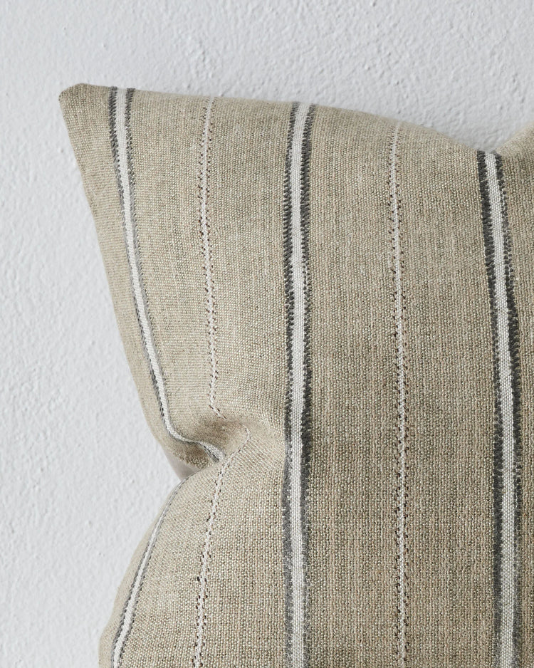 Isola Fog cushion close-up, 50x50cm, showing woven cotton blend with charcoal and white striped detail by Weave Home