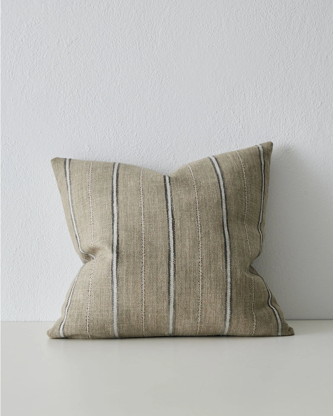 Isola Fog woven 50x50cm cushion with vertical stripe pattern in natural linen, soft grey and stone by Weave Home