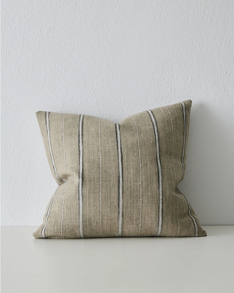 Isola Fog woven 50x50cm cushion with vertical stripe pattern in natural linen, soft grey and stone by Weave Home