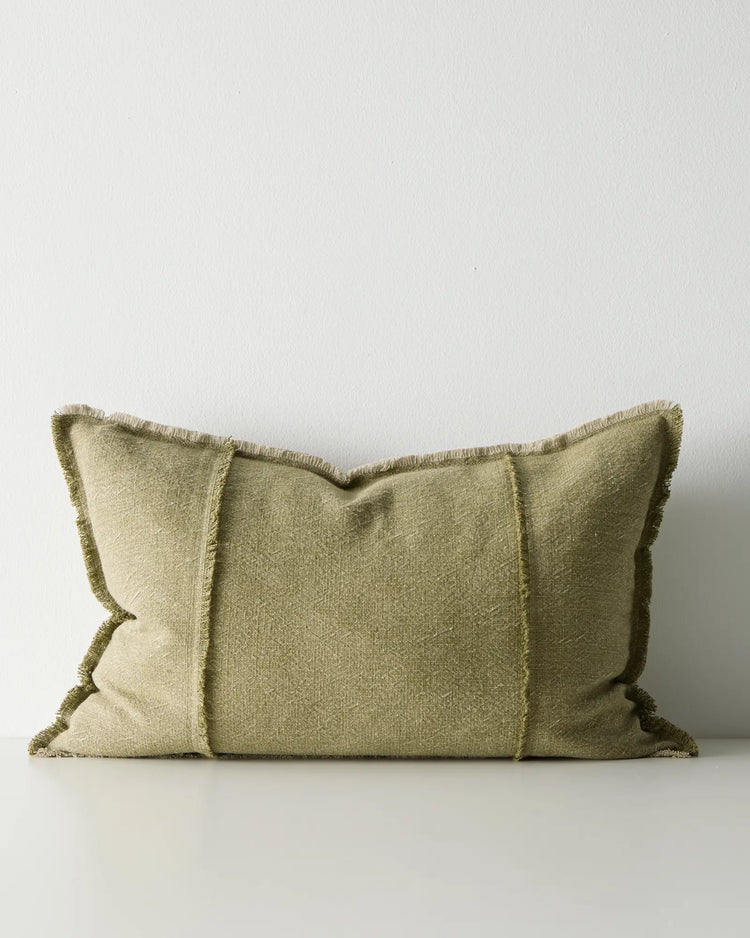 Adela Forest lumbar cushion 40x60cm, muted olive cotton linen blend with raw-edged fringe detail by Weave Home