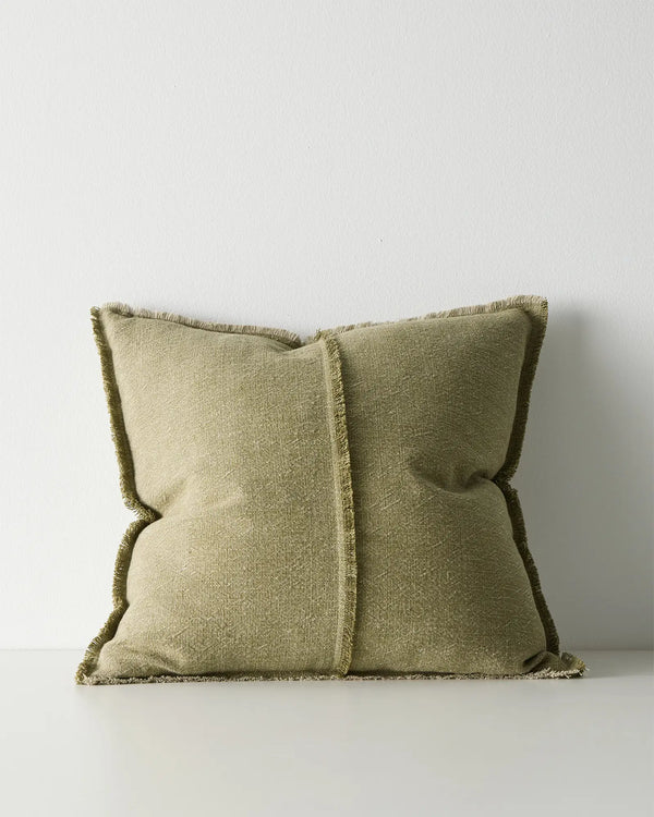Adela Forest 50x50 cotton linen cushion with raw-edged fringe detail, muted olive green, by Weave Home