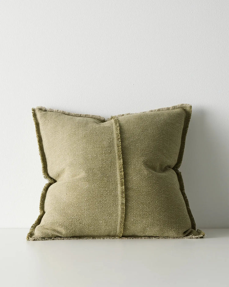 Adela Forest 50x50 cotton linen cushion with raw-edged fringe detail, muted olive green, by Weave Home