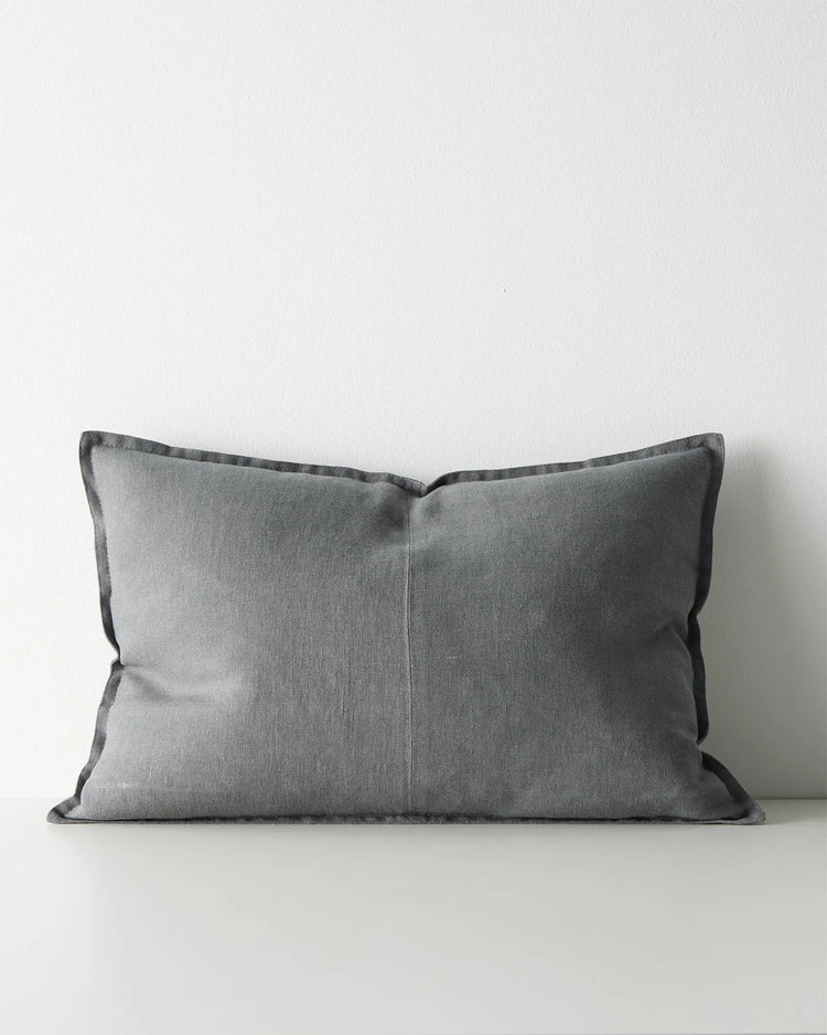Como Steel lumbar cushion 40x60cm, light blue-grey European linen with piped edge detail, front view by Weave Home