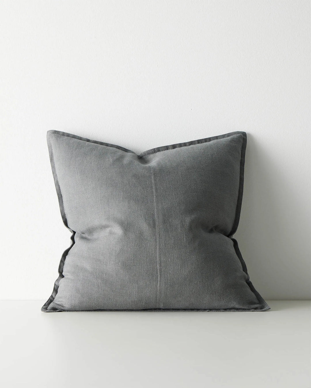 Como Steel linen cushion 50x50cm, light blue-grey with charcoal piping, front view by Weave Home