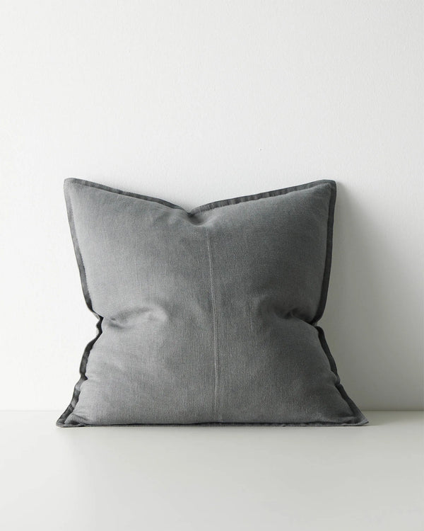 Como Steel linen cushion 50x50cm, light blue-grey with charcoal piping, front view by Weave Home