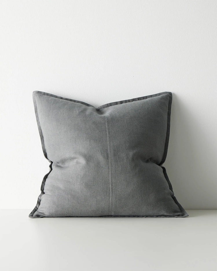 Como Steel linen cushion 50x50cm, light blue-grey with charcoal piping, front view by Weave Home