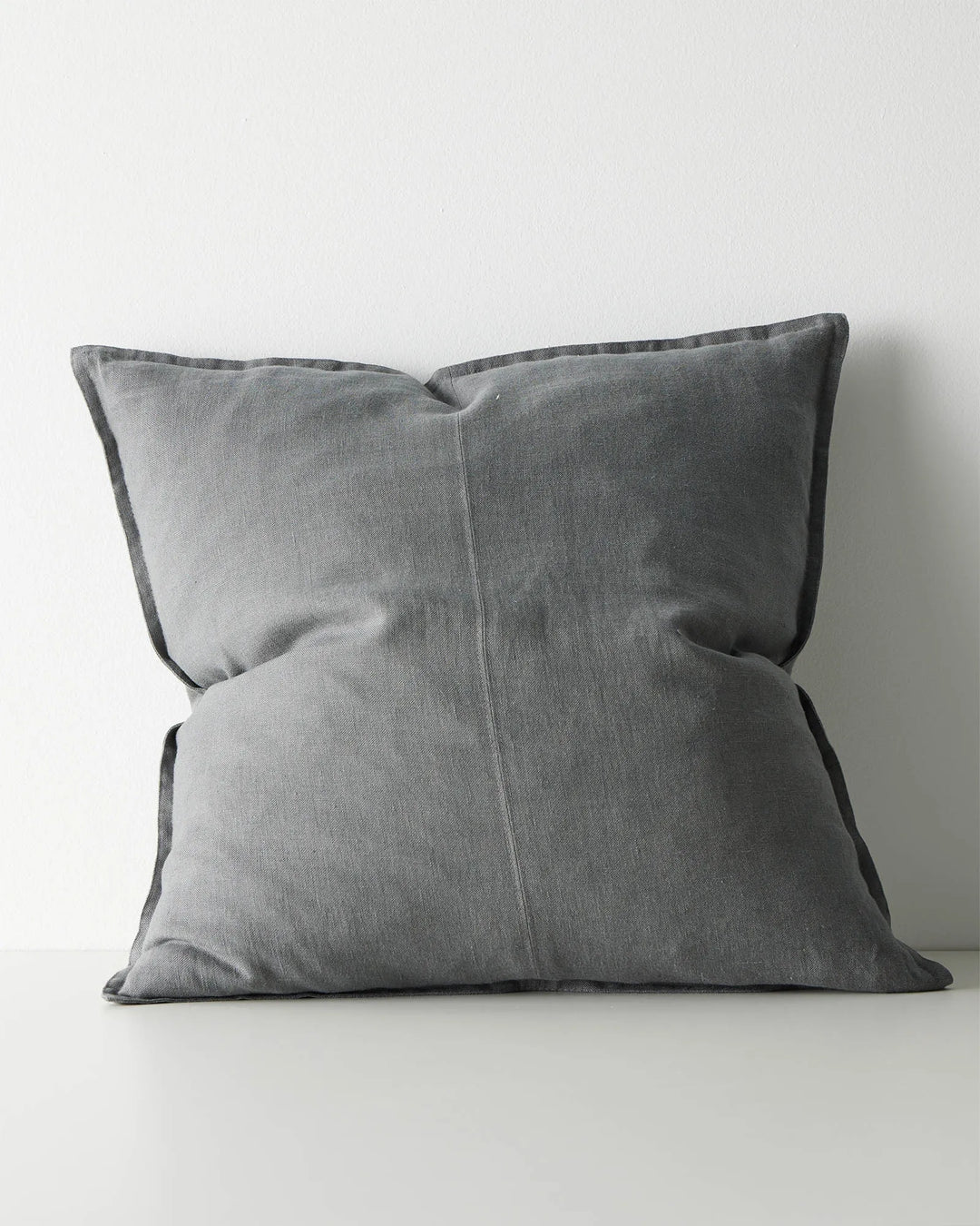 Como Steel 60x60 linen cushion in light blue-grey, front view, stonewashed European linen with piped edges by Weave Home