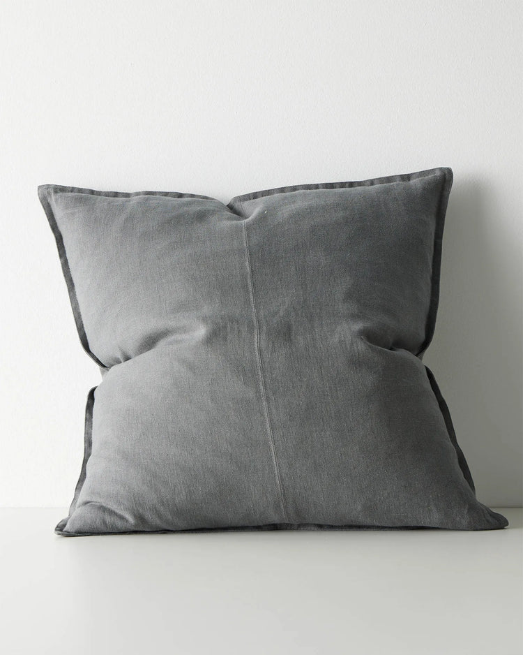 Como Steel 60x60 linen cushion in light blue-grey, front view, stonewashed European linen with piped edges by Weave Home