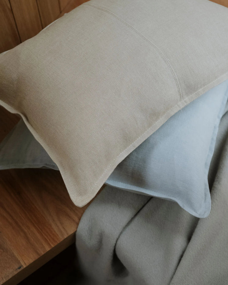 Como Oatmeal stonewashed European linen cushion with blanket stitch seam detail by Weave Home