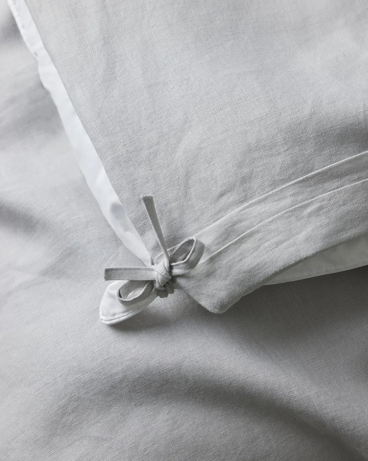 Ravello Quilt Cover Silver detail view, showing internal tie closure in European linen by Weave Home