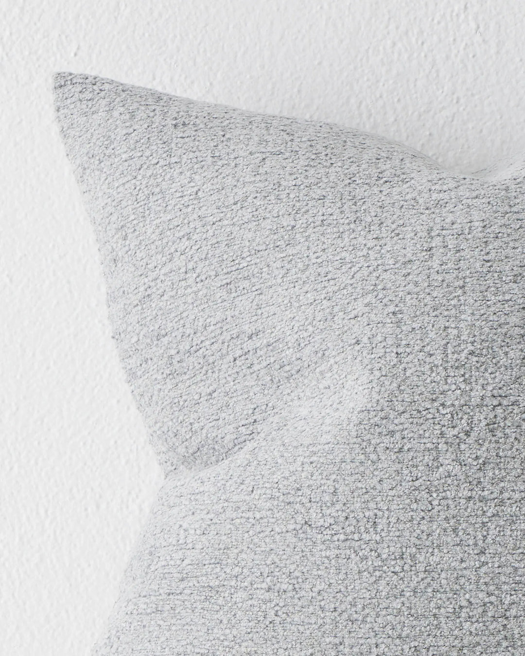 Laurent Mist cushion close-up, pale grey viscose blend with textured chenille weave and subtle sheen, 50x50cm by Weave Home