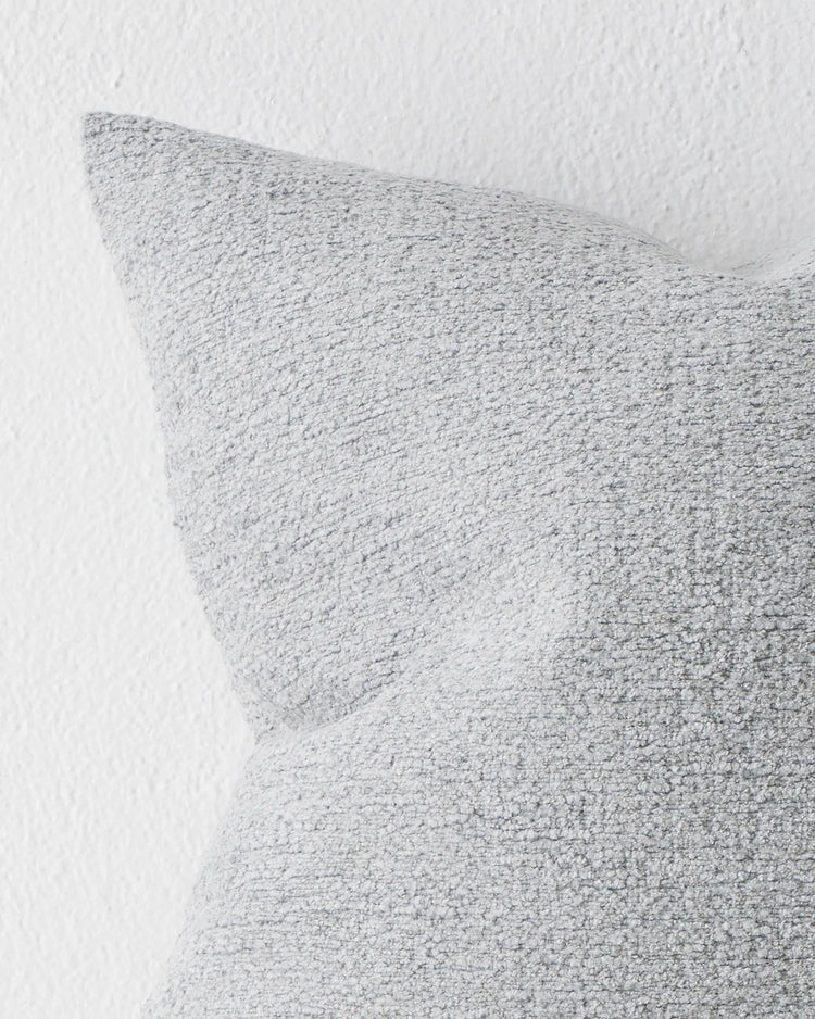 Laurent Mist cushion close-up, pale grey viscose blend with textured chenille weave and subtle sheen, 50x50cm by Weave Home