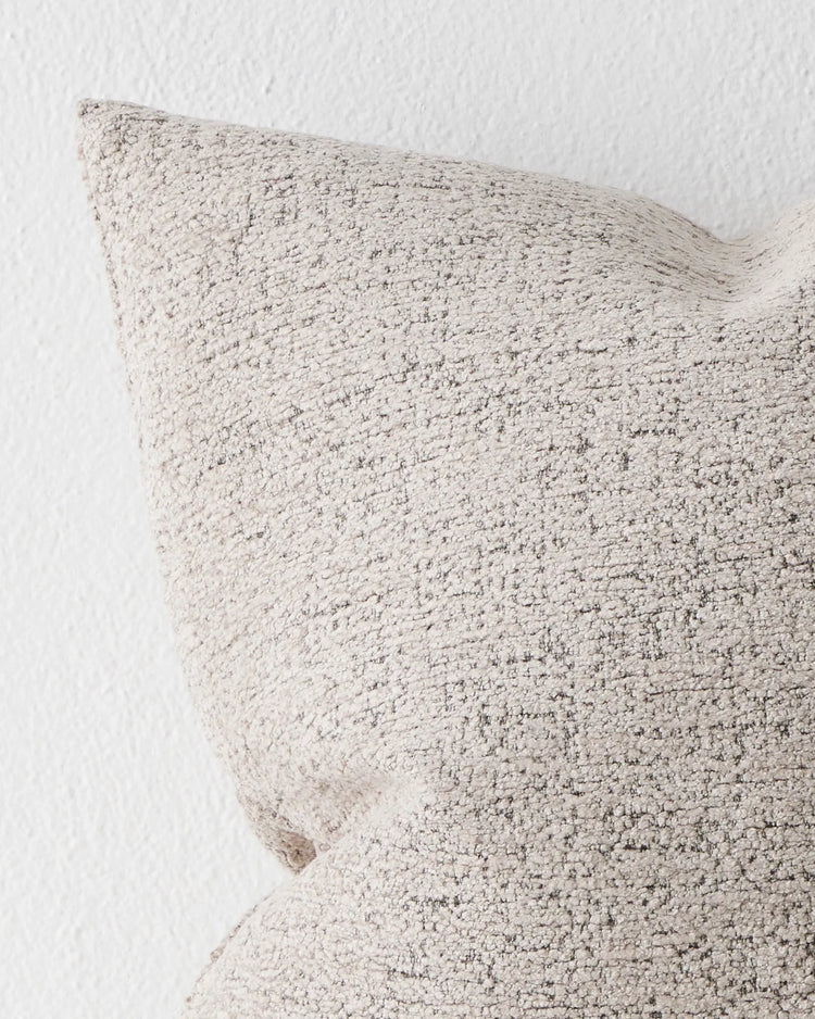 Laurent Mushroom textured cushion close-up, showing chenille and dry yarn weave with subtle grey-cream tone, 50x50cm by Weave Home