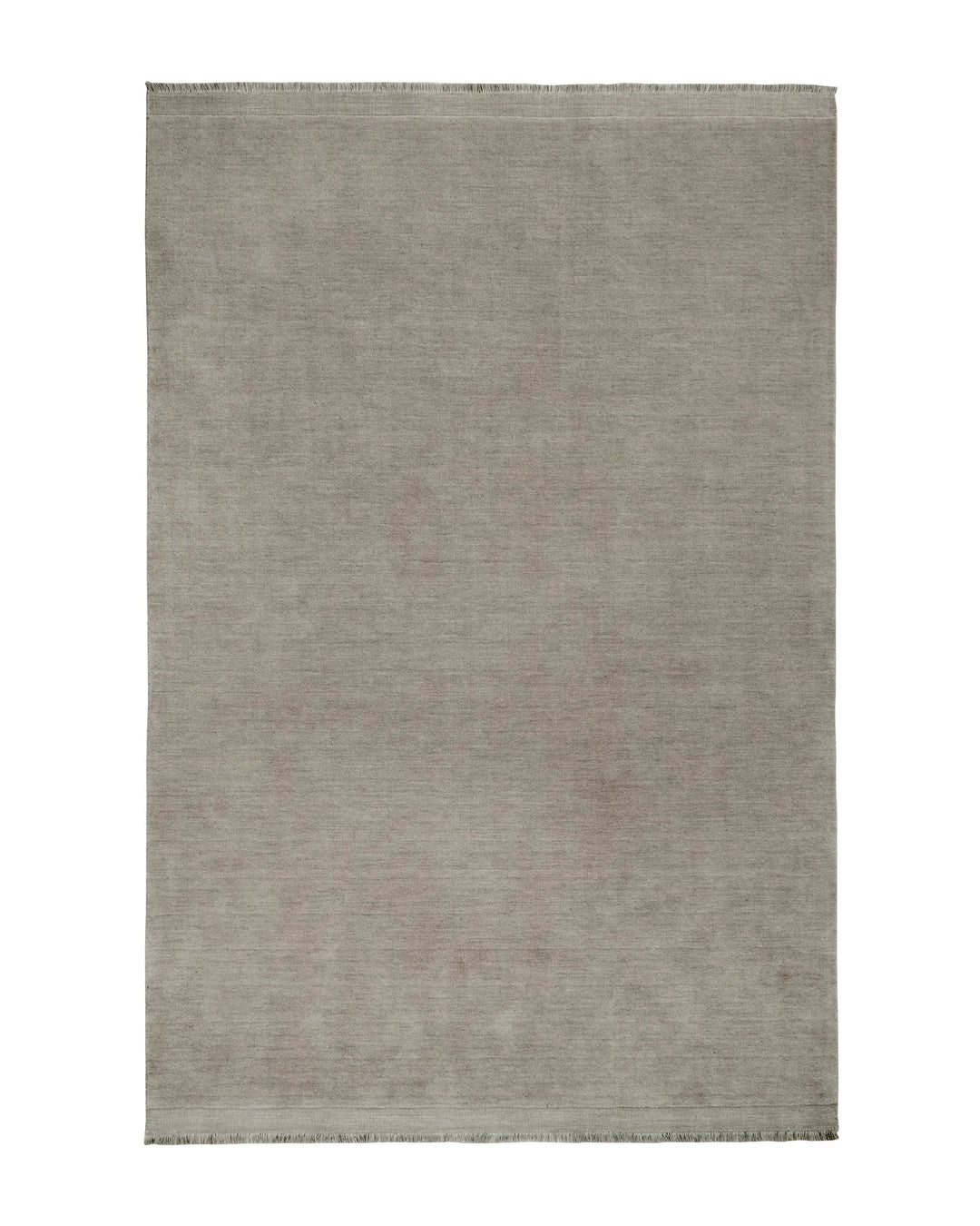 Silvio Flint hand-woven rug in warm grey with micro fringe border detail, sustainable styling by Weave Home