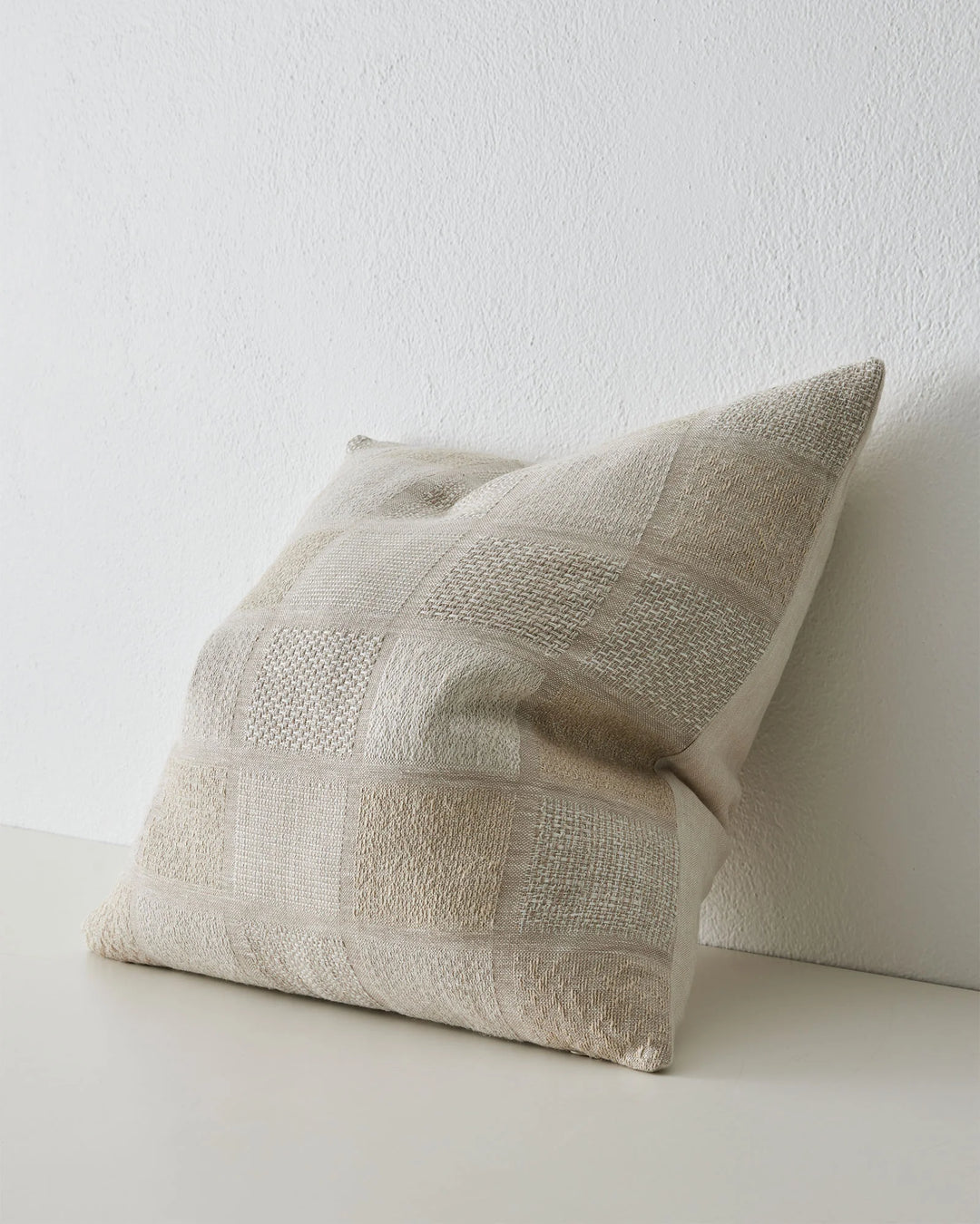 Bodrum Hemp woven linen cushion 50x50cm, geometric checkerboard in stone and taupe with varied weave textures by Weave Home