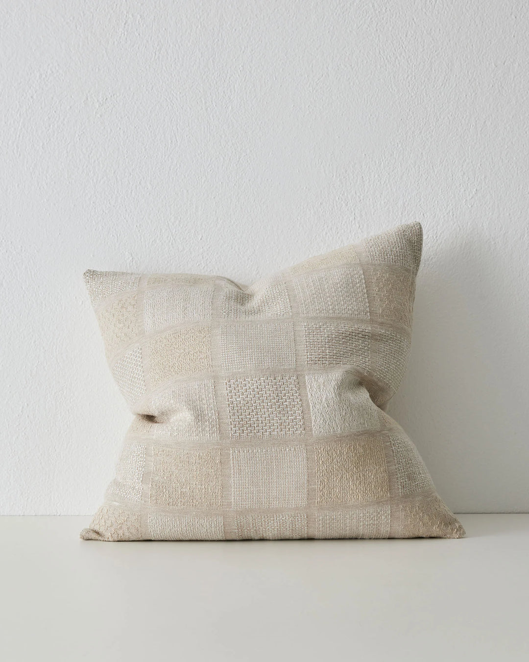 Bodrum Hemp 50x50 linen cushion with geometric checkerboard weave in stone and taupe, knife-edge seam, by Weave Home