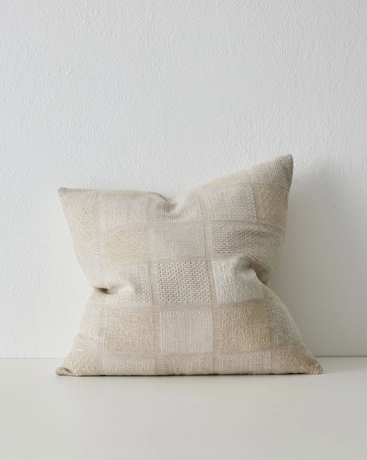 Bodrum Hemp 50x50 linen cushion with geometric checkerboard weave in stone and taupe, knife-edge seam, by Weave Home