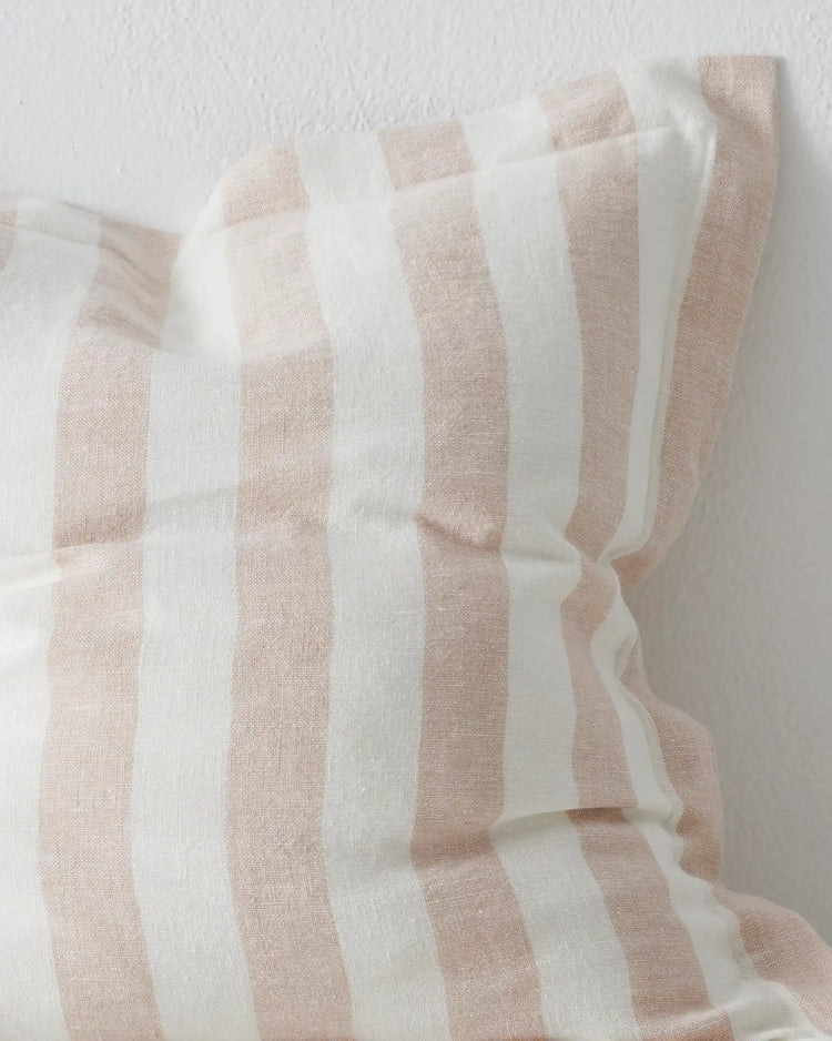 Vito Blush 50x50cm linen cushion with four-centimetre yarn-dyed stripe in soft pink and cream, detail view by Weave Home