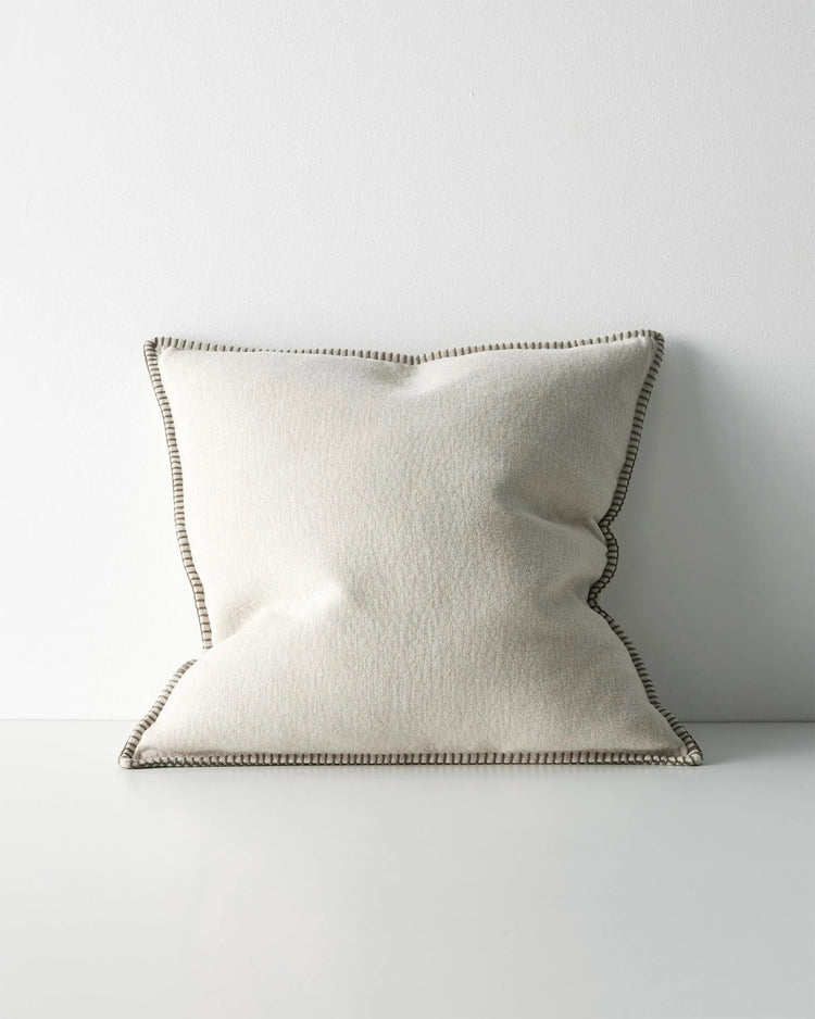 Alba Bone 50x50 cushion cover in linen-polyester blend with contrasting blanket stitch seam detail, by Weave Home
