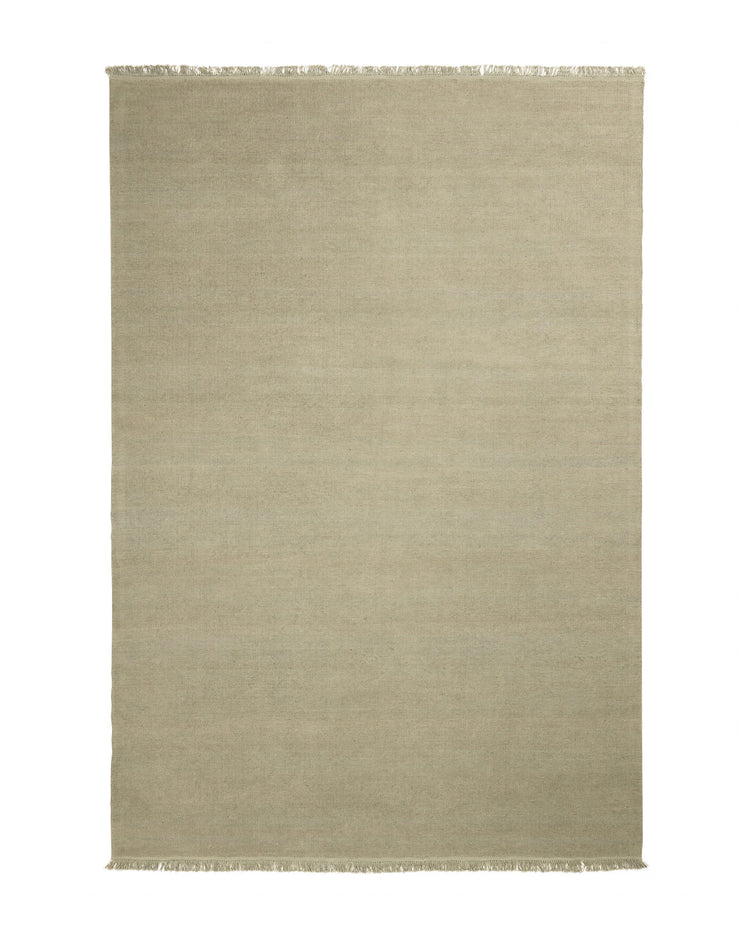 Emilio Oyster linen rug in pale grey, flat-weave construction with raw fringe edge detail, by Weave Home