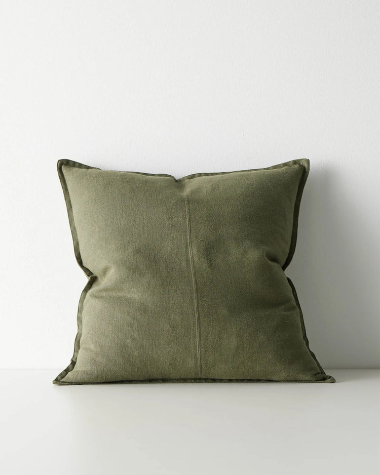 Como Jungle 50x50 cushion in sage green European linen with piped border, front view by Weave Home