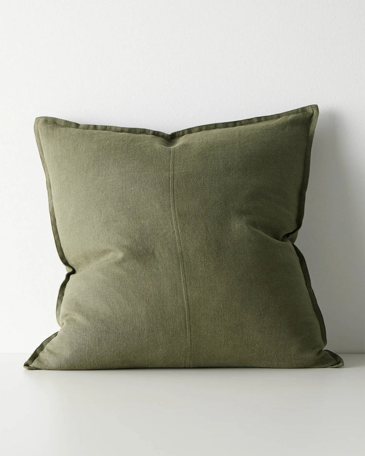 Como Jungle cushion cover, 60x60cm, stonewashed European linen in sage green with tonal piping by Weave Home