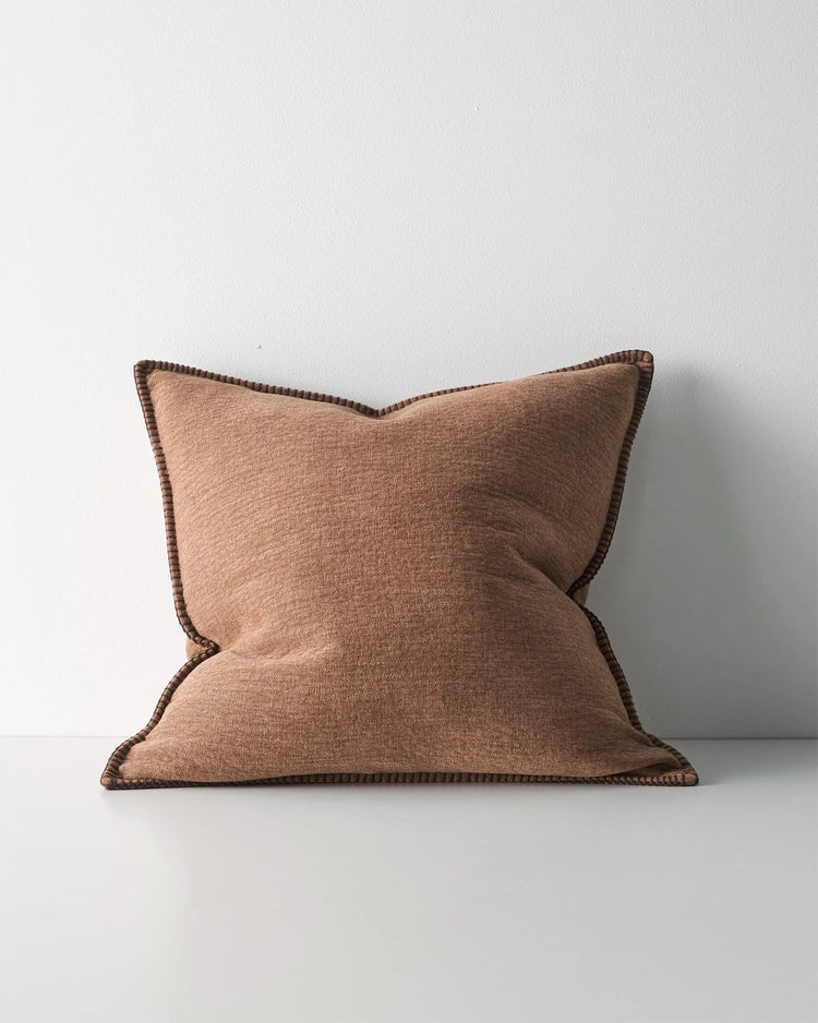 Alba Rust cushion cover, 50x50cm, linen polyester blend with blanket stitch seam detail on burnt clay tone by Weave Home