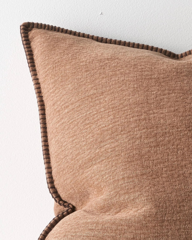 Alba Rust cushion 50x50, linen-polyester blend with contrasting blanket stitch edging detail, by Weave Home