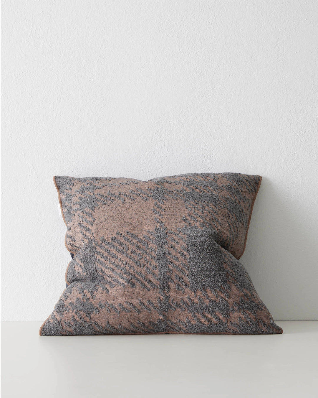 Sienne Dusk 50x50 cushion cover, light mauve with oversized check in faded denim blue, overlocked edges, by Weave Home