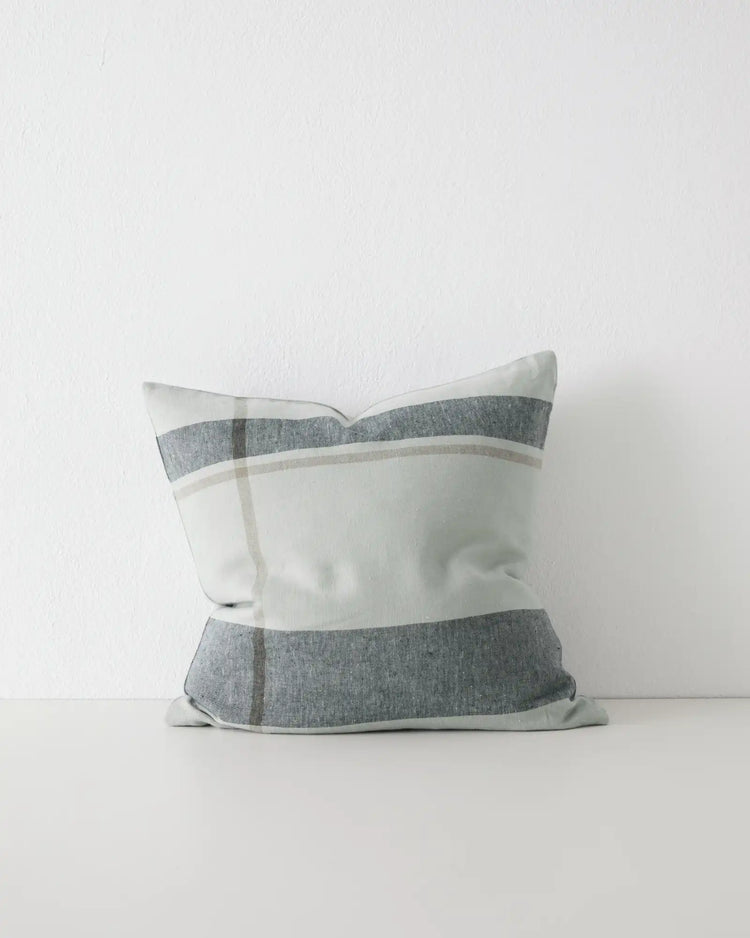 Dante Laurel linen cushion, 50x50cm, featuring soft European linen with charcoal and natural check pattern by Weave Home