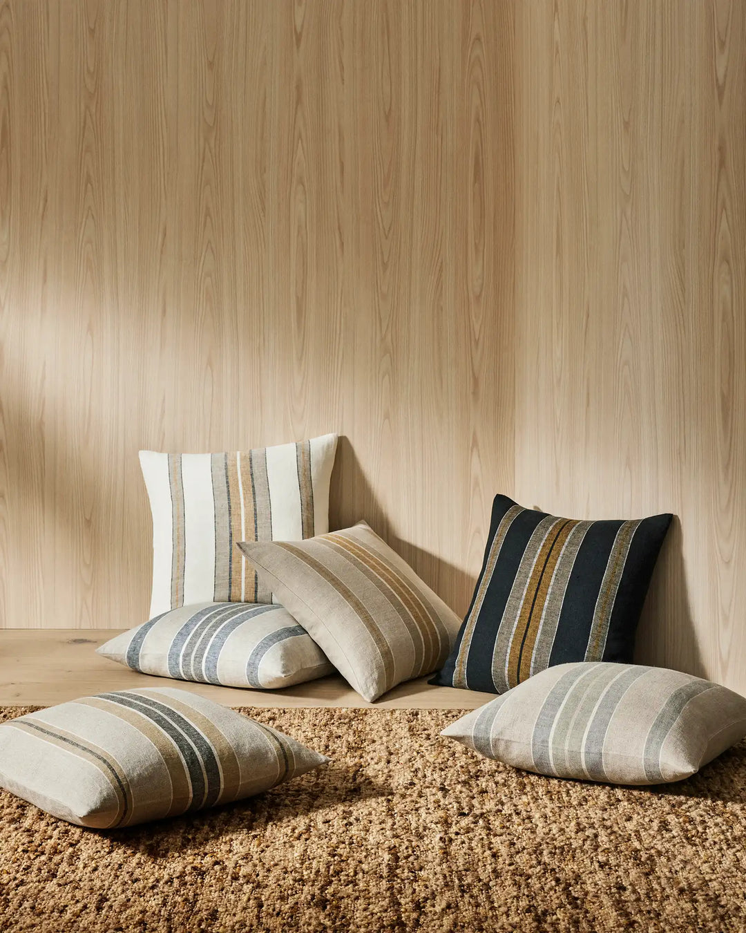 Franco Linen cushions in yellow, grey and cream stripes, 50x50cm European linen with concealed zipper, by Weave Home