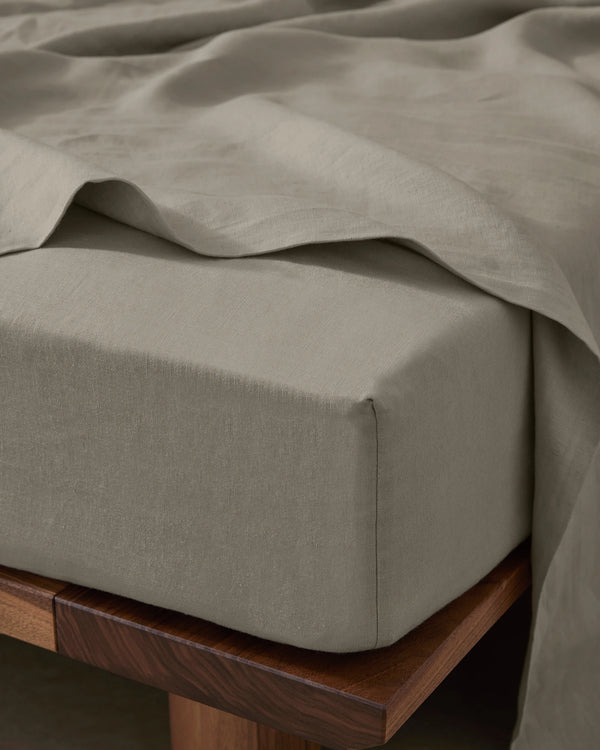 Ravello Fitted Sheet in Pebble, European linen with deep pocket banding detail, styled on double mattress by Weave Home