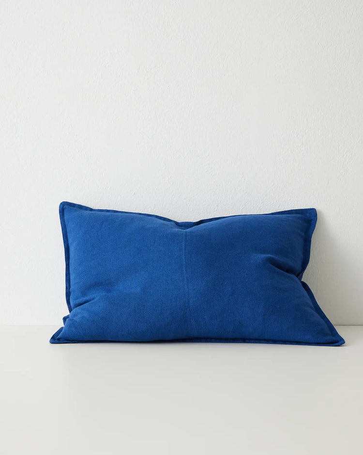 Como Cobalt 40x60 lumbar cushion in stone-washed European linen, featuring soft matte finish and piped edge detail by Weave Home