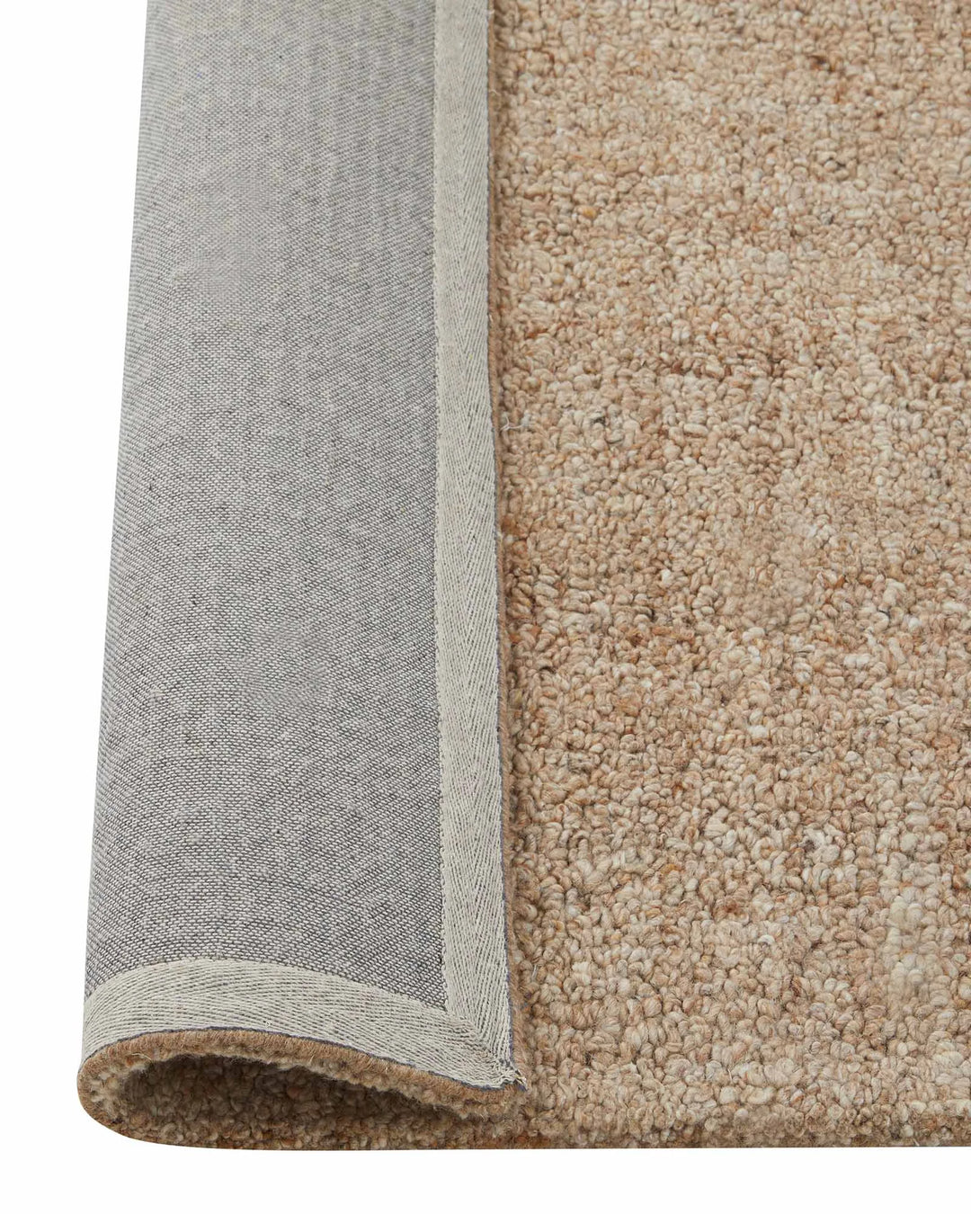 Marceau Taupe wool blend rug detail showing taupe textured weave and bound edge, by Weave Home