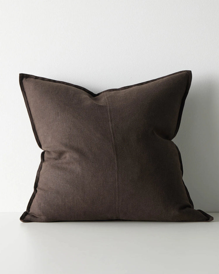 Como Ganache 60x60cm linen cushion in rich chocolate brown with contrasting dark piping, front view by Weave Home