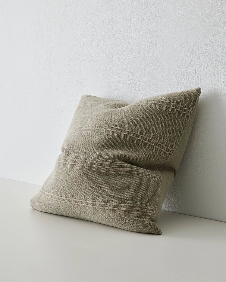Palma Stone woven cushion 50x50cm, cotton linen blend with subtle ribbed texture and knife edge, by Weave Home