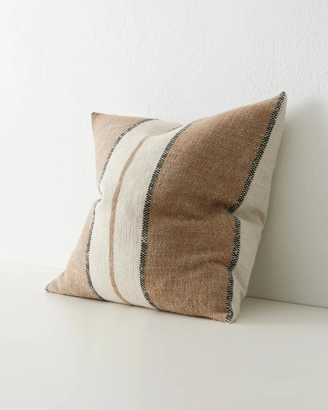 Ottavio Cocoa cushion, 50x50cm, polyester cotton blend with chunky textured stripe in spiced brown, beige and onyx by Weave Home