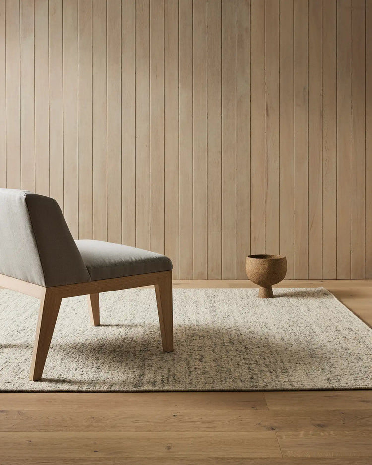 Henley Pelican rug in ivory with grey tones, 2m x 3m NZ wool bouclé weave with bound edge, styled in living room setting by Weave Home