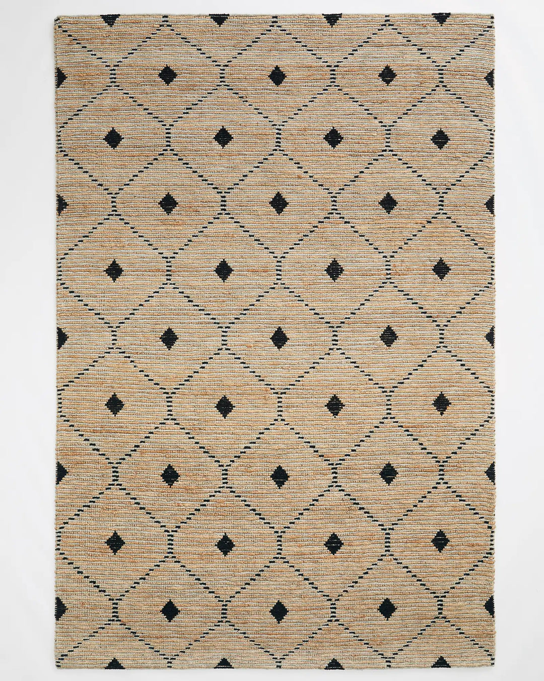 Denali Sandstorm jute rug, 200x300cm, natural with black diamond ogee pattern and cotton braided edge by Weave Home