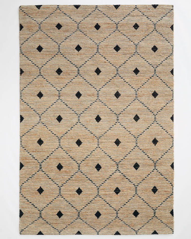 Denali Sandstorm jute rug, 200x300cm, natural with black diamond ogee pattern and cotton braided edge by Weave Home
